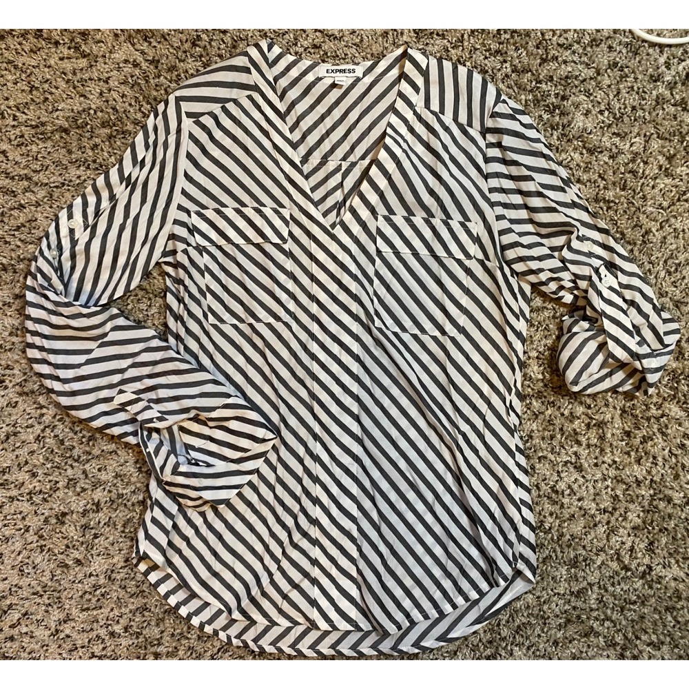Express Portofino Shirt Womens XS Gray White Striped Roll Tab Sleeve Blouse